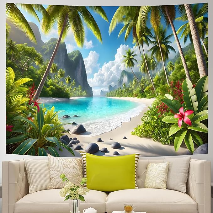 AOHMPT Ocean Sunset Tapestry, Beach Evening Sunset Tapestry, Natural Beach Palm Tree Landscape Poster, Seaside Landscape Wall Hanging for Bedroom, Dorm Room and Living Room Wall Decor 79" L x 59" W