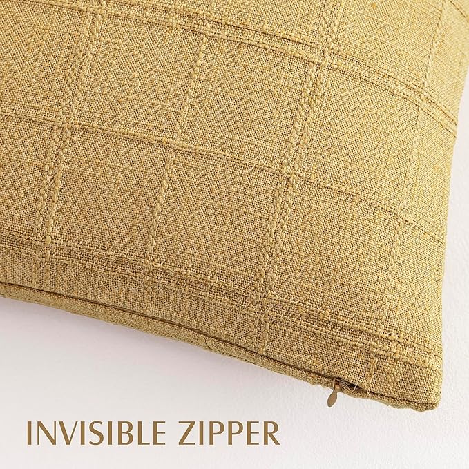 Foindtower Set of 2 Decorative Linen Check Throw Pillow Covers Neutral Farmhouse Lumbar Cushion Covers Modern Boho Accent Home Decor for Sofa Chair Couch Bedroom Living Room,12×20 Inch,Amber Gold