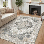 GENIMO 3x5 Area Rugs for Living Room, Machine Washable Rug, Non Slip Indoor Vintage Rug, Low Pile Lightweight Chenille Print Carpet for Bedroom Dining Room Home Office, Heathered Grey