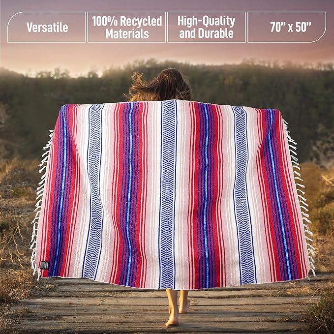 Hydration Nation Authentic Mexican Serape Blanket - Soft & Durable - Lightweight Falsa - Coral, 70"x50"