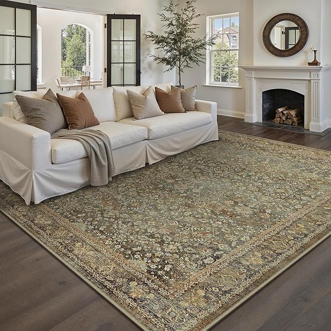 Area Rug 6x9 Brown Living Room Washable Vintage Carpet Non Slip Indoor Retro Traditional Accent Throw Large Rug for Office Bedroom Dining Room Playroom