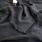 FOSSA Muslin Blanket with Fringe - 4-Layer 100% Cotton Gauze Super Soft & Breathable Throw -Lightweight Decorative Cooling Blanket for Bed, Sofa, Office (Dark Gray, Throw (60" × 50"))