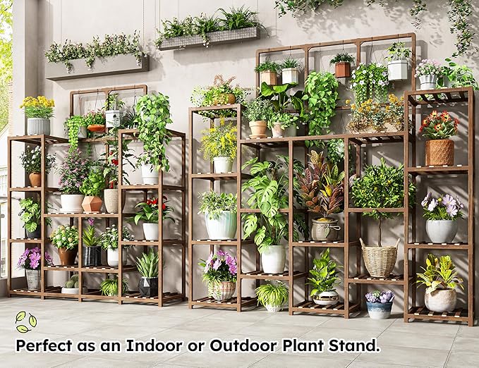 EnHomee Tall Plant Stand, 14 Tiers Indoor Plant Stand for Multiple Plants Pot, Wood Plants Shelves for Living Room, Patio, Balcony, Yard, Garden, 11.8''D×56''W×63''H