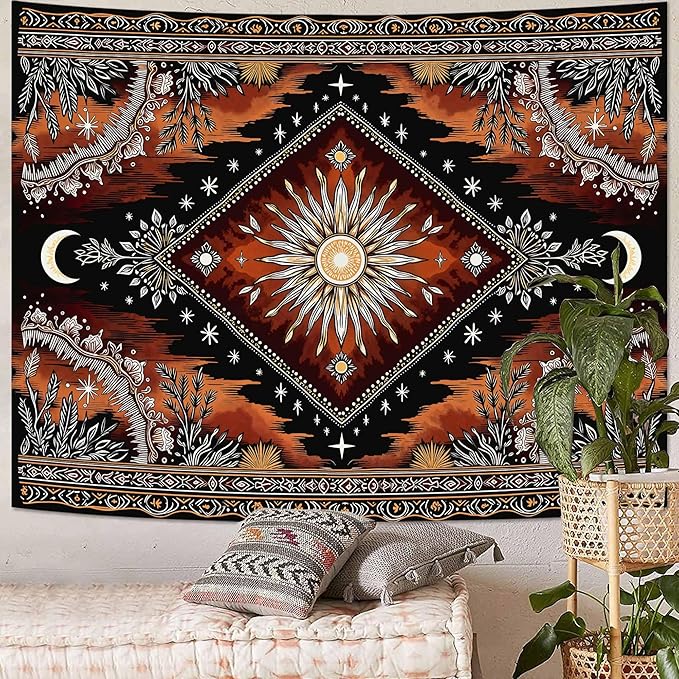 Accnicc Hippie Sun and Moon Tapestry Boho Mandala Floral Wall Tapestry for Bedroom Aesthetic Vintage Plant Celestial Dark Brown Large Tapestries Wall Hanging for Dorm Living Room Decor 80 x 60 Inch