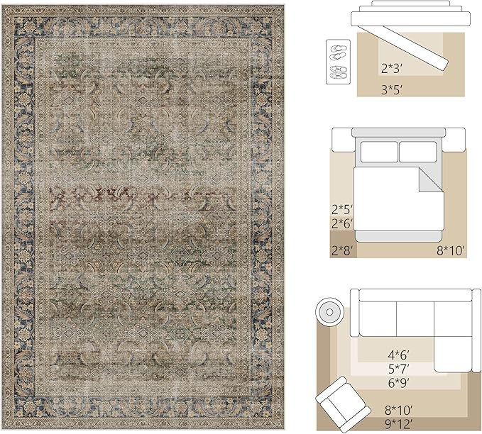 Fmfunctex 5x7 Washable Area Rug Neutral Vintage Brown Distressed Non Slip Low Pile Retro Indoor Carpet for Living Room Bedroom Soft Mat Throw Rug for Dining Office Kitchen Dorm Nursery Entryway, Multi