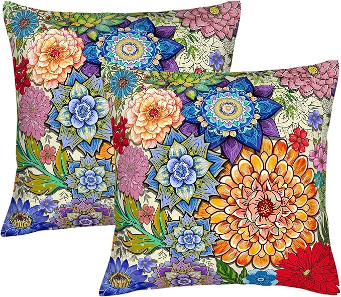 Colorful Boho Mandala Floral Throw Pillow Covers 18x18 Set of 2, Spring Easter Bohemian Decorative Pillowcases, Multicolor Flower Cushion Covers for Couch Sofa Bedroom Living Room Farmhouse Home Decor