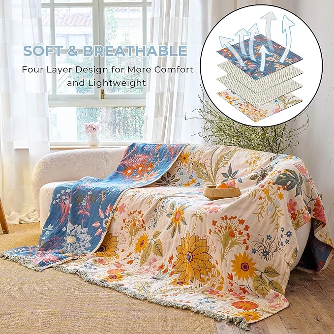 Boho Throw Blanket for Home Decor,Ultra Soft Spring Rustic Classic Quilt,100% Cotton Muslin Blankets for Adults, Reversible Woven Decorative Blanket for Bed Layering Use, Colorful Floral, 60"x80"