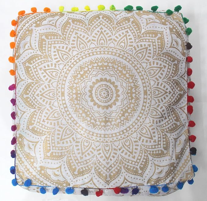 CRAFT KALA 18" Square Large Hippie Mandala Meditation Floor Ottoman Pillow Cushion Pouf Cover Square Poufs Bohemian Circle Floor Cushion Case Outdoor Fireplace Living Room Decor Cover Golden Ombre