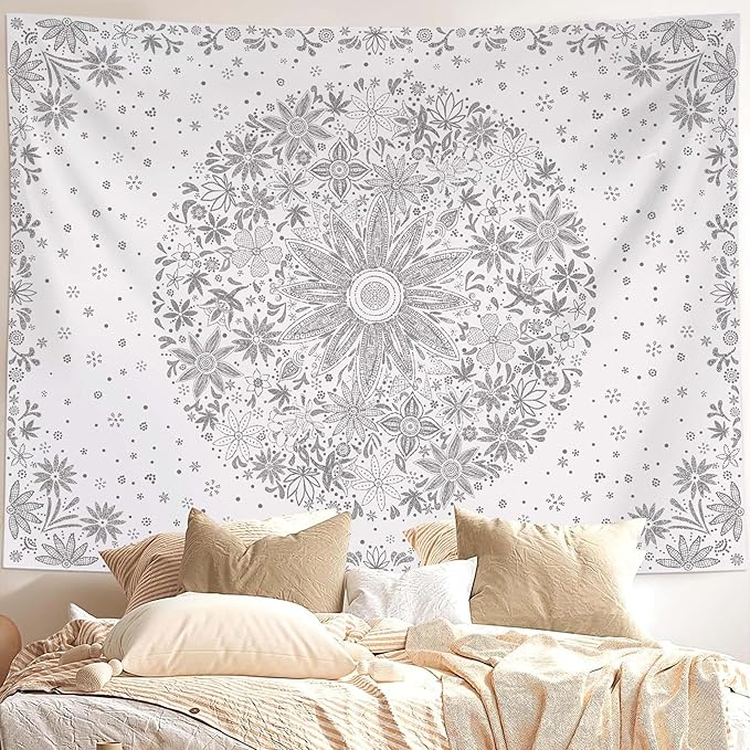 Neasow Bohemian Tapestry Wall Hanging, Gray Floral Tapestry with Dotted Daisy Medallion Print Bedroom Boho Hippie Home Decor, 50x60 inches