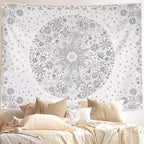 Neasow Bohemian Tapestry Wall Hanging, Gray Floral Tapestry with Dotted Daisy Medallion Print Bedroom Boho Hippie Home Decor, 36x48 inches