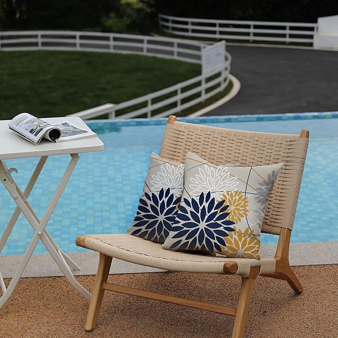 Outdoor Pillow Covers 20x20 Inch Set of 2 Navy Blue Yellow Outdoor Waterproof Decorative Throw Pillows Summer Spring Decor for Home Patio Funiture Garden Living Room Polyester Cushion Covers 01G20
