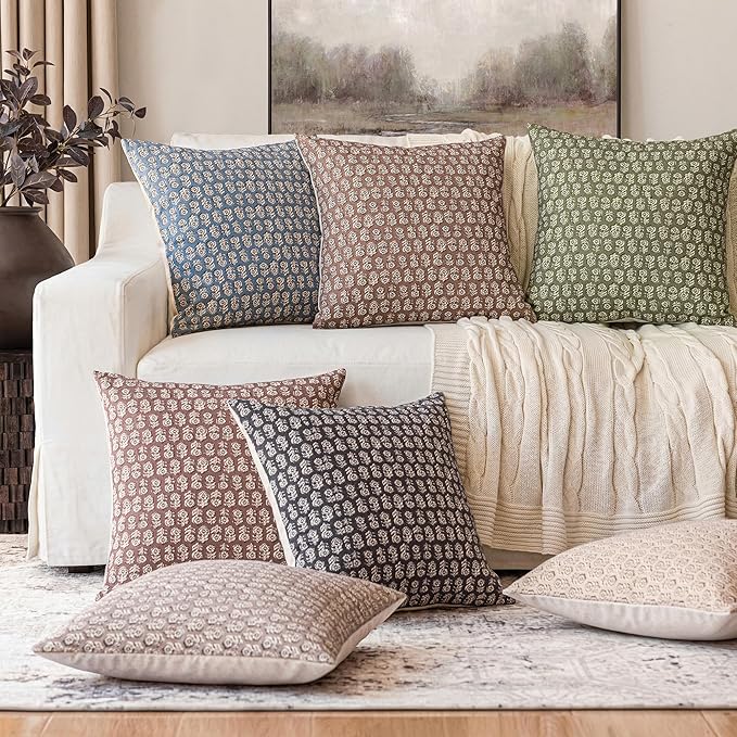 Foindtower Set of 2 Decorative Neutral Floral Print Throw Pillow Covers Vintage Accent Farmhouse Cushion Covers Boho Home Decor for Sofa Couch Chair Bedroom Living Room,20×20 Inch,Sage Green