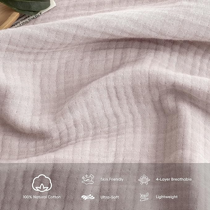 FOSSA Muslin Blanket with Fringe - 4-Layer 100% Cotton Gauze Super Soft & Breathable Throw -Lightweight Decorative Cooling Blanket for Bed, Sofa, Office (Greyish Pink, King (104" × 90"))