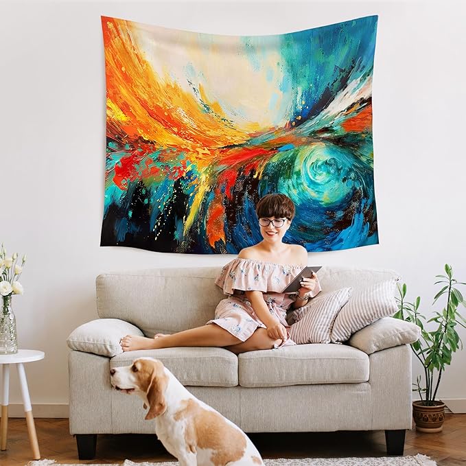 WARDOS Modern Abstract Tapestry, Colorful Modern Tapestry Wall Hanging, Blue and Orange Abstract Wall Blanket Decor for Home Living Room Bedroom, 50x60 Inch