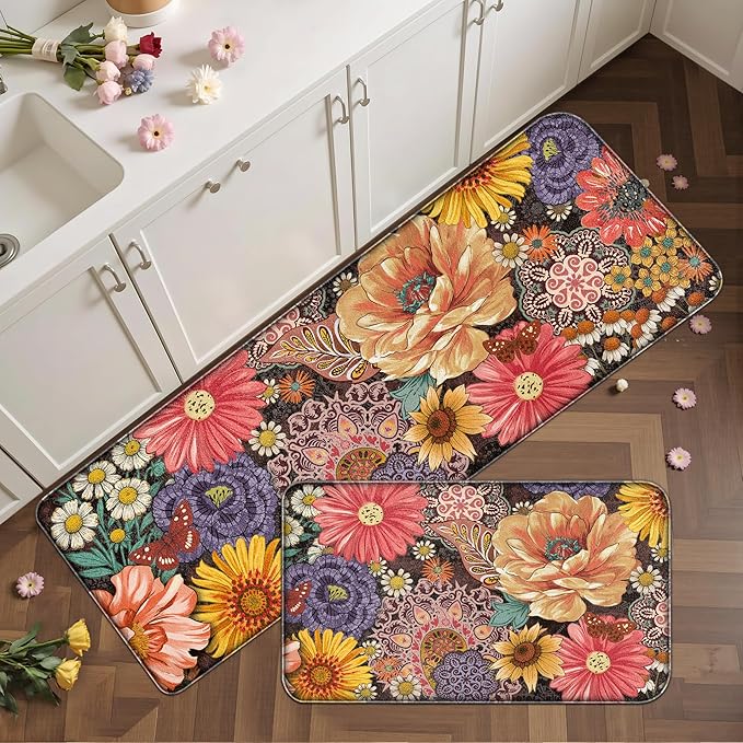 Boho Floral Kitchen Mats for Floor 2PCS Anti Fatigue Mats for Kitchen Floor Cushioned Non Slip Waterproof Memory Foam PVC Kitchen Rugs Set for Sink,Office,Laundry 17.3"x28"+17.3"x47"