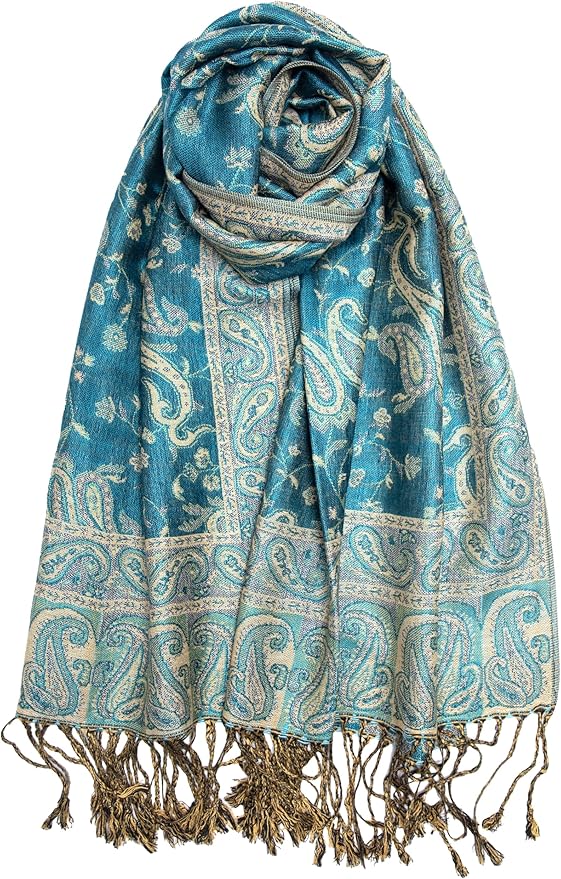 Achillea Reversible Paisley Pashmina Rave Scarf – Exotic Indian Shawls and Wraps for Evening Dresses, Festivals, All Seasons