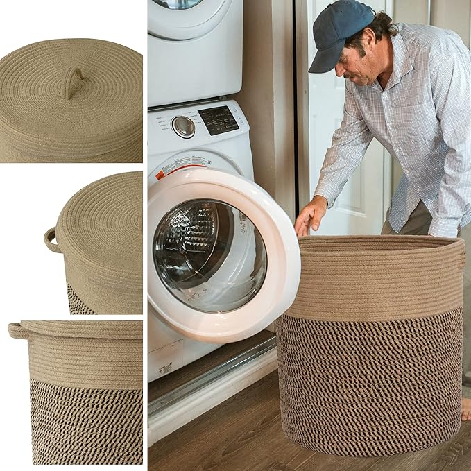 Extra Large Storage Basket with Lid 60L, 16"Wx18"H Woven Laundry Hamper Basket with Handle, Jute Rope Wicker Basket Blankets Pillows Storage in Living Room Baby Nursery, Jute/Black Mix includes Lid