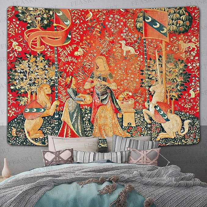 FEASRT European Royal Tapestry Medieval Maiden and Unicorn Tapestry Wall Hanging for Bedroom Living Room Dorm Decor Wall Hanging Tapestries 80x60 inch