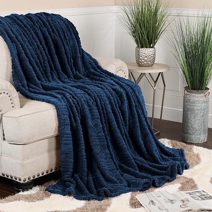 Superior Fleece Boho Jacquard Blanket, Decorative Blankets for Bedroom, Sofa, Fuzzy, Plush, Fluffy, Soft, Cute Room Decor, Beautiful Cover, Comfort Essentials, Arctic Collection, King, Navy Blue