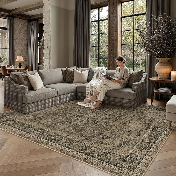4x6 Washable Area Rug Brown Vintage Distressed Rug for Office Oriental Soft Thin Indoor Retro Carpet Non Slip Low Pile Floor Cover for Living Ding Room Bedroom Laundry
