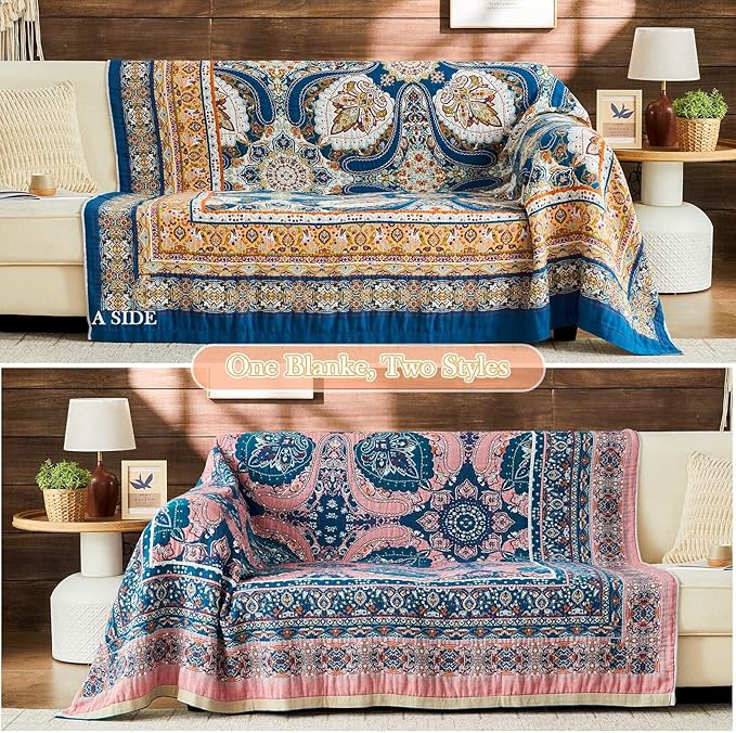 Boho Throw Blanket 100% Cotton Muslin Woven Blanket Bohemian Bed Throws Vintage Rustic Farmhouse Decor Reversible Bed Blanket Quilt for All Seasons（Blue 80"x90"）