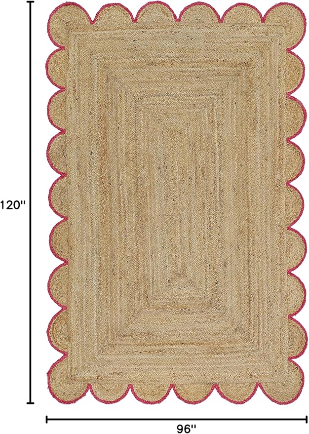 Scalloped Natural Jute Area Rug, Pink Trim, 8'x10'