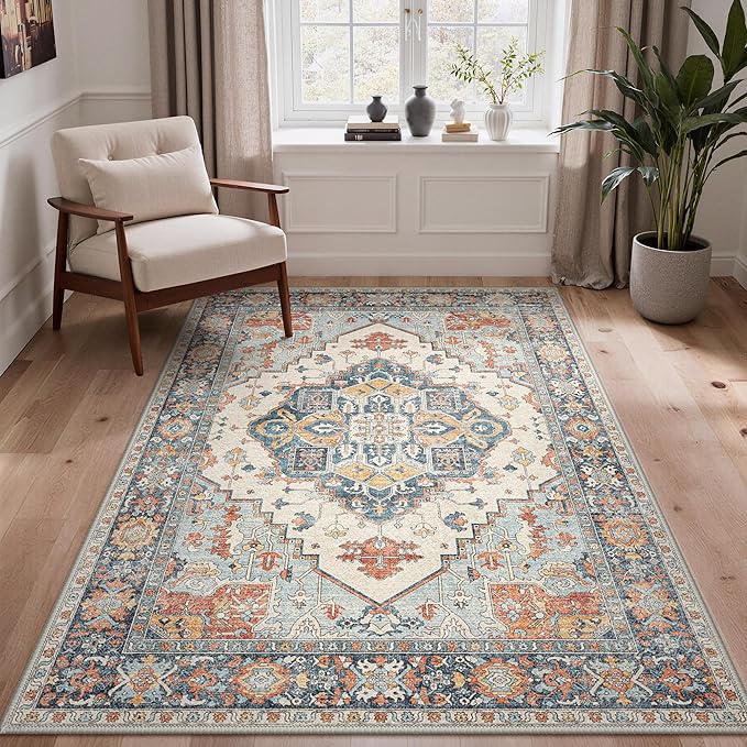GENIMO 8x10 Area Rugs for Living Room, Machine Washable Non Slip Rugs, Low Pile Lightweight Print Rug for Bedroom, Dining Room, Home Office, Vintage Blue/Amber