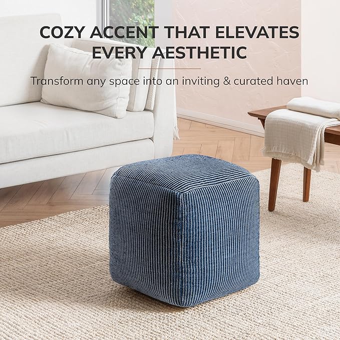 Anji Mountain Pouf Ottoman Foot Rest, Handmade Ottoman Pouf, Comfortable Foot Stool, Decorative Floor Seating for Living Room Decor, Bedroom & Home Décor Accent - Sailor Blue