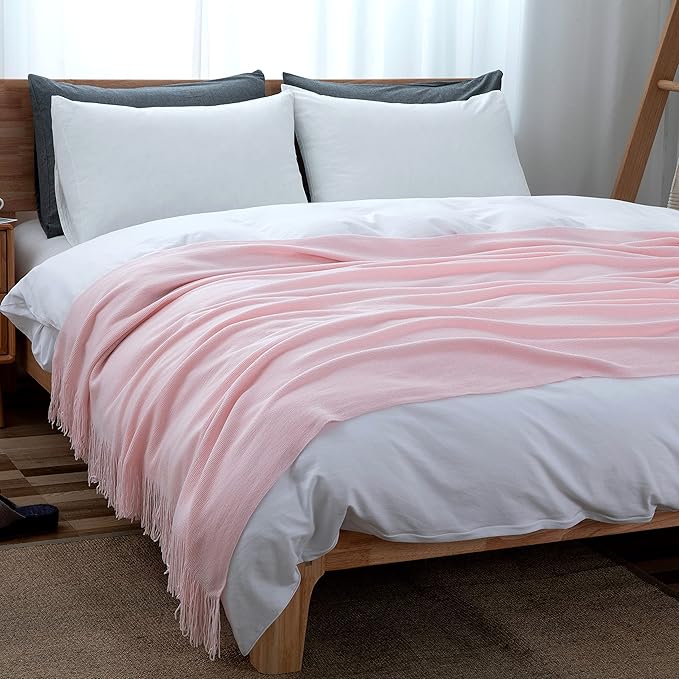 Vonty Pink Knitted Blanket with Tassels Fringe 60" x 80", Super Soft Knit Throw Blanket, Farmhouse Decorative Lightweight Blanket for Couch, Sofa, Bed