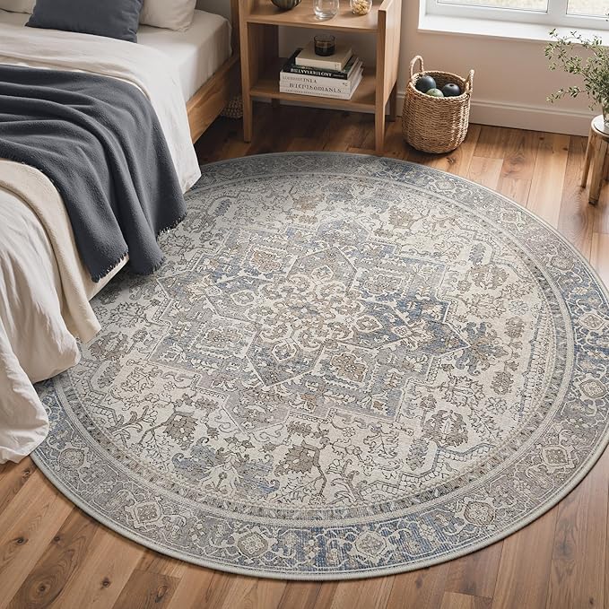 GENIMO 5FT Round Area Rugs for Living Room, Circle Rugs Machine Washable Low Pile, Chenille Non Slip Vintage Rug for Bedroom, Dining Room, Home Office, Khaki Blue