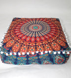 CRAFT KALA Large Hippie Mandala Meditation Floor Ottoman Pillow Cushion Pouf Cover Square Poufs Bohemian Circle Floor Cushion Case Outdoor Fireplace Yoga Living Room Decor Cover Orange, 24" Square