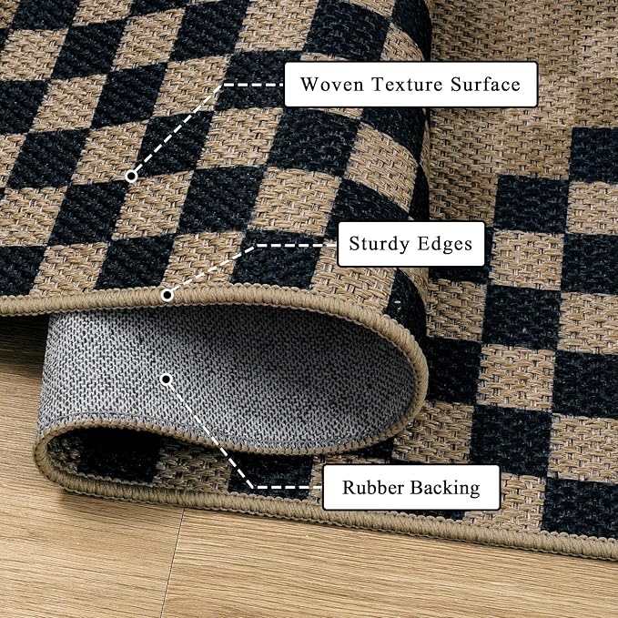 LIVEBOX Easy Jute Checkered Rug Runners for Hallways Non Slip, 2x5 Washable Rug for Kitchen Ultra Thin No Shed Jute Rugs Entryway Runner, Black and Beige Farmhouse Throw Carpet for Bathroom Laundry