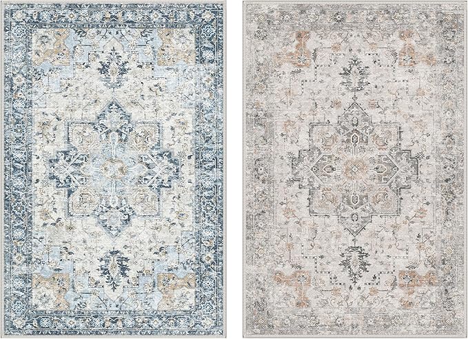 GENIMO 2x3 Reversible Door Mat for Entryway, Machine Washable Non Slip Vintage Rugs, Low Pile Lightweight Soft Print Rug for Hallway, Corridor, Home, Office, Kitchen, Taupe & Blue
