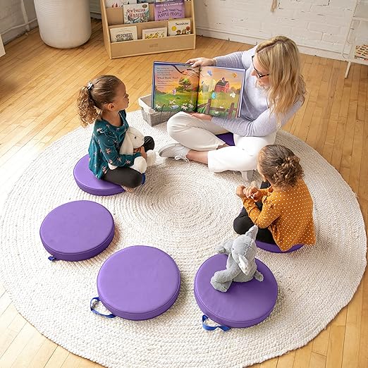 ECR4Kids SoftZone Floor Cushions, Round, Flexible Seating, Purple, 6-Piece