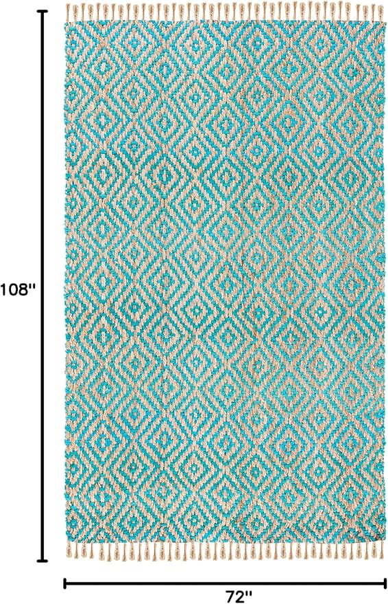 SAFAVIEH Natural Fiber Collection Area Rug - 6' x 9', Turquoise & Natural, Handmade Boho Diamond Tassel Jute, Ideal for High Traffic Areas in Living Room, Bedroom (NF266C)
