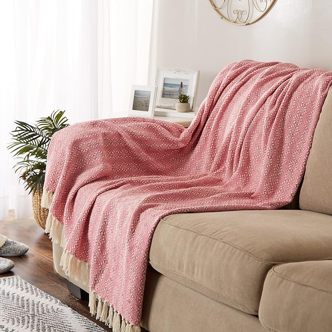 DII Diamond Stitch Woven Throw, Organic Modern, 50 x 60, Rose