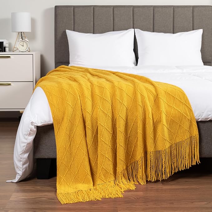 PAVILIA Mustard Yellow Knit Throw Blanket for Couch Bed, Soft Knitted Farmhouse Sofa Throw for Living Room, Lightweight Decorative Fall Throw Blanket for Chair, Outdoor Textured Boho Blanket, 50x60