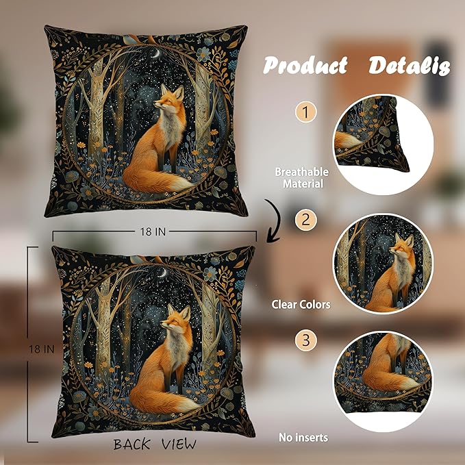 Vintage Dark William Morris Fox Floral Print Pillow Covers 18x18 Set of 2,Cottagecore Fox Decor,Dark Dcademia Animal Floral Decorative Throw Pillow Covers for Home Bedroom Living Room
