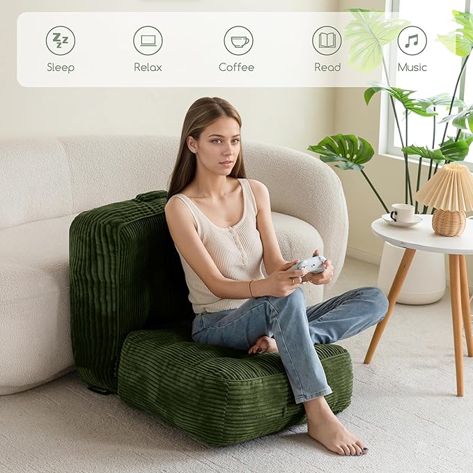 HIGOGOGO 8" Extra Thick Floor Pillow Cushion for Adults, Meditation Cushion Pillow, Large Square Floor Sitting, Tufted Corduroy Cover, for Tatami Living Room or Yoga, 22x22 Inch, Dark Green