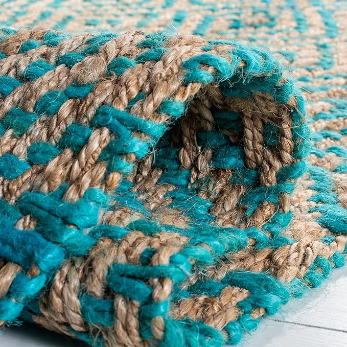 SAFAVIEH Area Rug 8x10 - Natural Fiber Collection - Large - Turquoise & Natural, Handmade Jute, Boho Style, Diamond Pattern, Ideal for Living Room, Bedroom, Dining Space (NF266C)