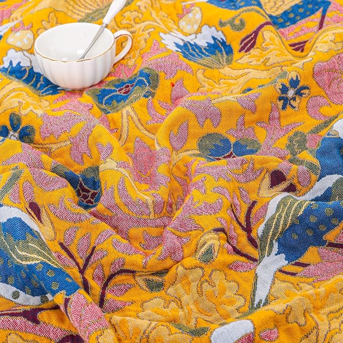 Queen Size Throw Blanket for Bed 100% Cotton Boho Oversized Soft Cozy Muslin Quilt Blanket Double Bird and Florals, Vintage Farmhouse Cottage Woven Blankets for Bedding Couch,80"×90"- Blue&Yellow