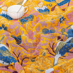 Queen Size Throw Blanket for Bed 100% Cotton Boho Oversized Soft Cozy Muslin Quilt Blanket Double Bird and Florals, Vintage Farmhouse Cottage Woven Blankets for Bedding Couch,80"×90"- Blue&Yellow