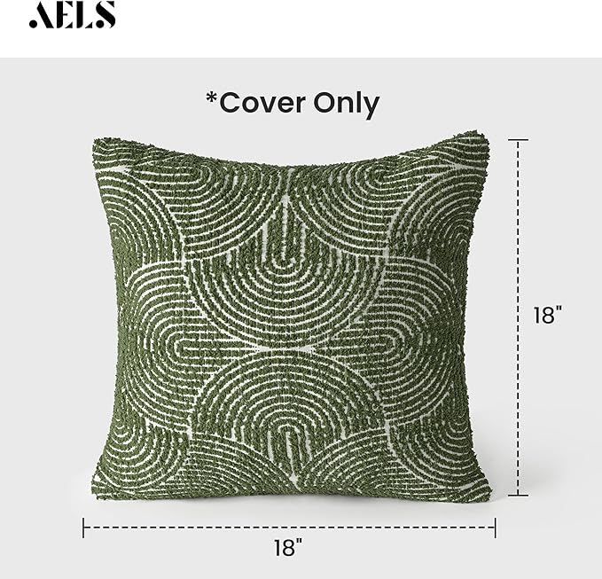 AELS Boho Decorative Textured Throw Pillow Covers 16x16, Modern Mid Century Rainbow Tufted Pillow Case, Farmhouse Rustic Geometric Woven Cushion Case for Bed Couch Sofa, Olive Green