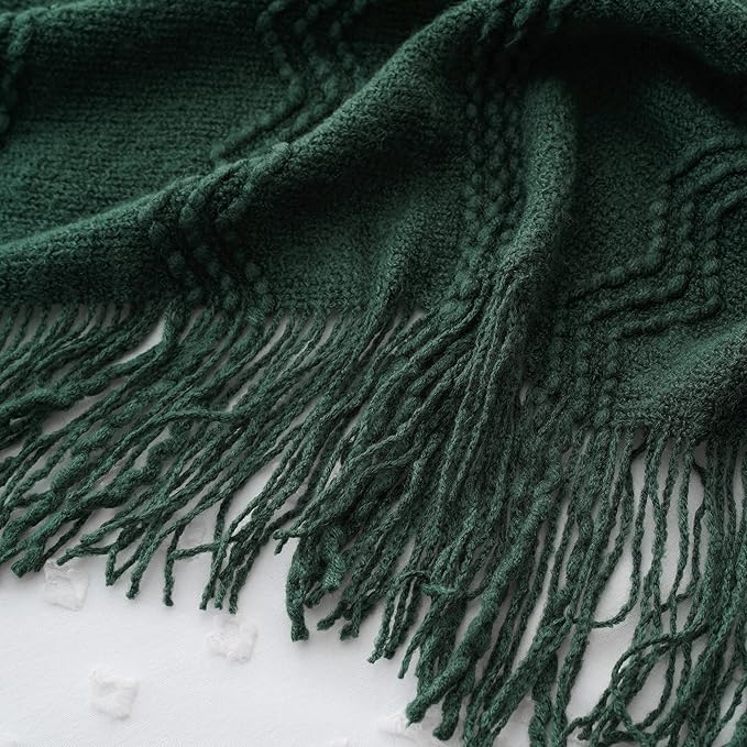 BATTILO HOME Christmas Décor Green Throw Blanket with Fringe, Geometric Bed Throws Dark Green Throws Decorative Throw Blanket for Couch, 50"x60"
