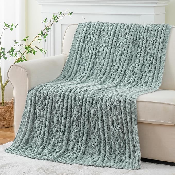 Battilo Sage Green Throw Blanket for Couch, 51"x67", Soft Cozy Chenille Throw Blanket, Knit Blanket Sage Throw, Decorative Boho Throw Blanket for Living Room
