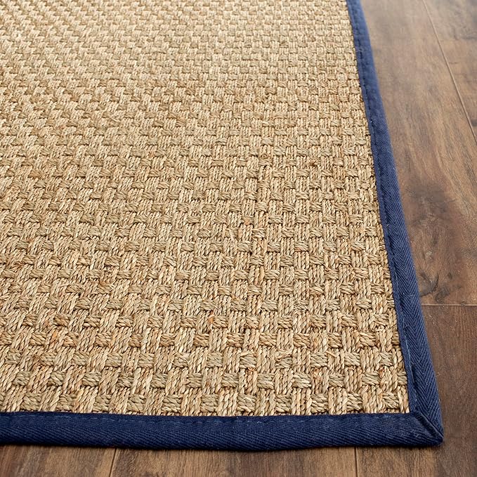 SAFAVIEH Area Rug 8x10 - Natural Fiber Collection - Large - Natural & Blue, Seagrass, Basketweave Pattern (NF114E)