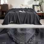 FOSSA Muslin Blanket with Fringe - 4-Layer 100% Cotton Gauze Super Soft & Breathable Throw -Lightweight Decorative Cooling Blanket for Bed, Sofa, Office (Dark Gray, Throw (60" × 50"))