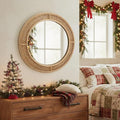 FLORA Round Rattan Wall Mirror with Wooden Framed, Modern Boho Decorative Mirror for Bathroom, Entry, Living Room, Bedroom, 24 Inch
