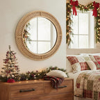 FLORA Round Rattan Wall Mirror with Wooden Framed, Modern Boho Decorative Mirror for Bathroom, Entry, Living Room, Bedroom, 24 Inch