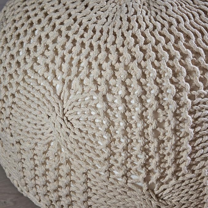 Round Pouf Ottoman, 18" Bordeaux Knitted Cotton Woven Round Pouf, Handmade Woven Bean Bag for Living Room, Floor Bag for Bedrooms, Home, Offices, Sofa Footrest (Beige - 2)
